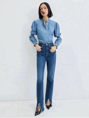NWT Veronica Beard Keane High Rise Long Straight Leg Jeans Blue 32 Front Slit